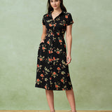 Gloria - Robe Midi Noire Fleurie
