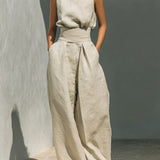 Fleur - Ensemble minimaliste de blouse sans manches et pantalon à jambes larges en coton et lin pour femme