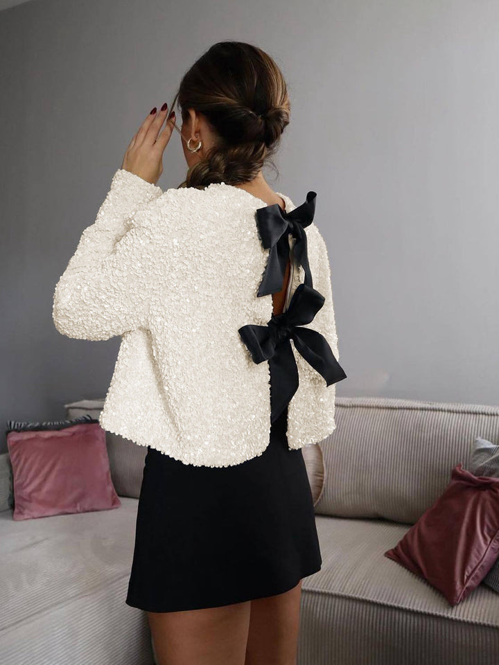 Jeanne | Veste Texturée à Paillettes avec Nœud en Velours