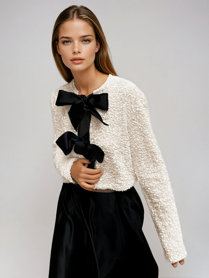Jeanne | Veste Texturée à Paillettes avec Nœud en Velours