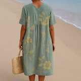 Clémentine - Robe Bleu-Gris avec Broderie Florale